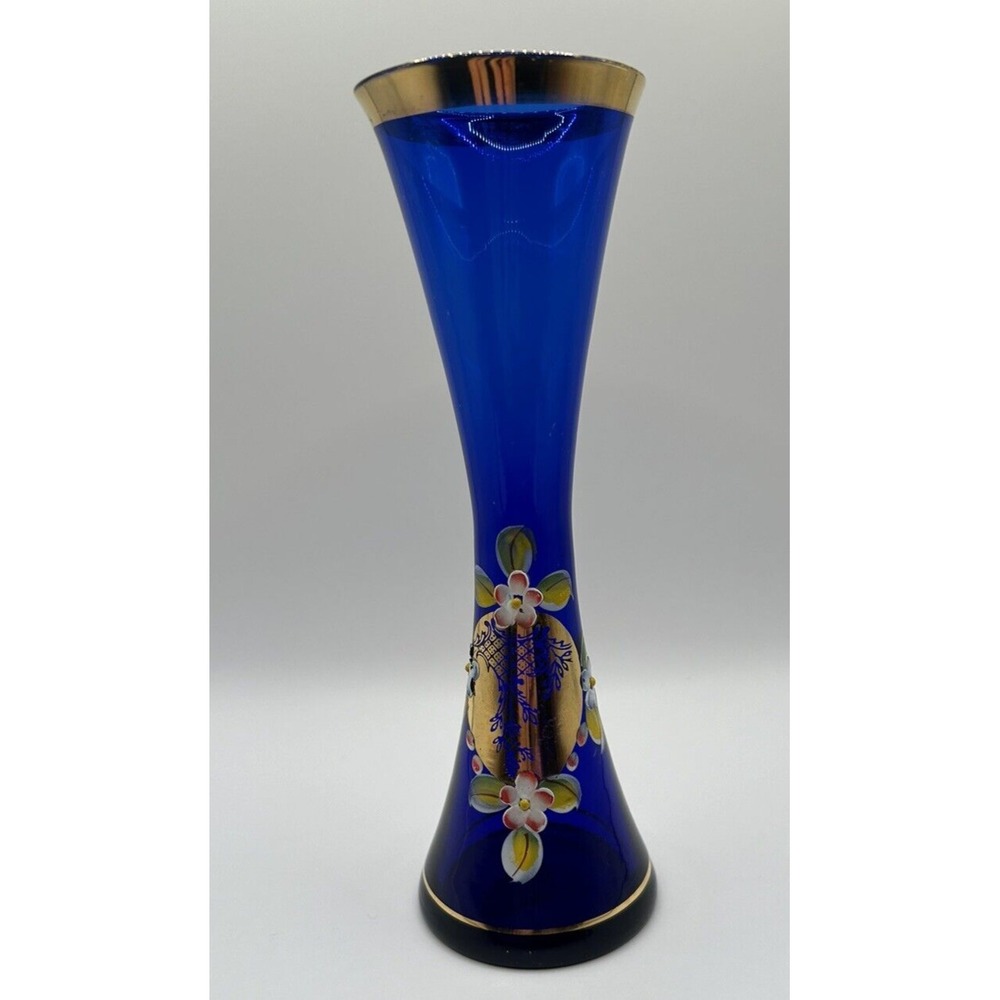 Nasco Japan Cobalt Blue Vase, Gold‎ Gilt, Hand Painted Enamel Flowers 8"
